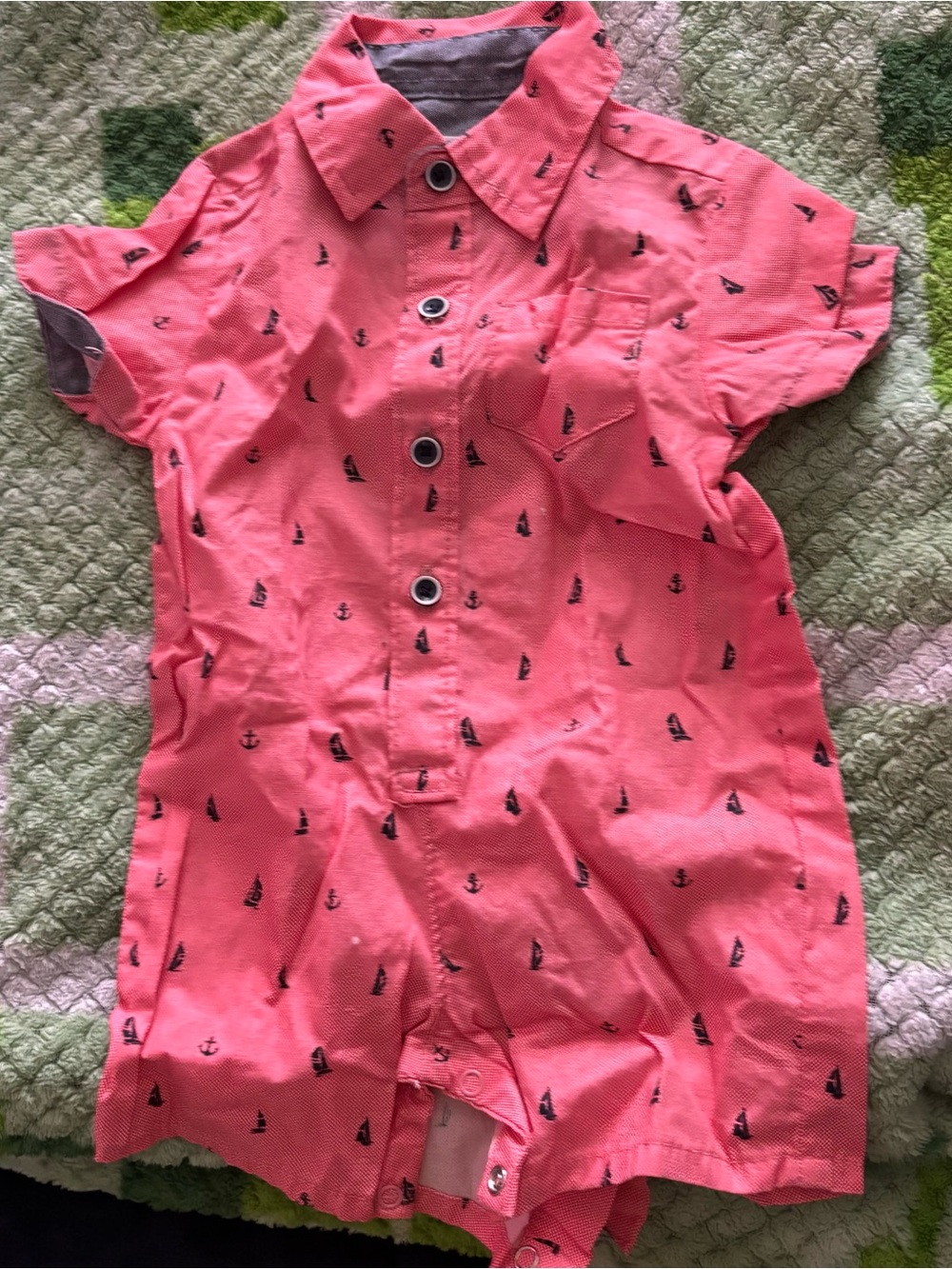 Boys Coral Short-Sleeve Button Romper with Sailboat Print 0-3 mo